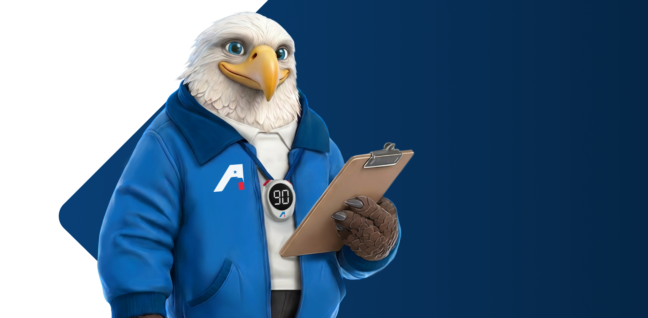 AssuranceAmerica's brand character, Coach, a bald eagle wearching a jacket and holding a clipboard