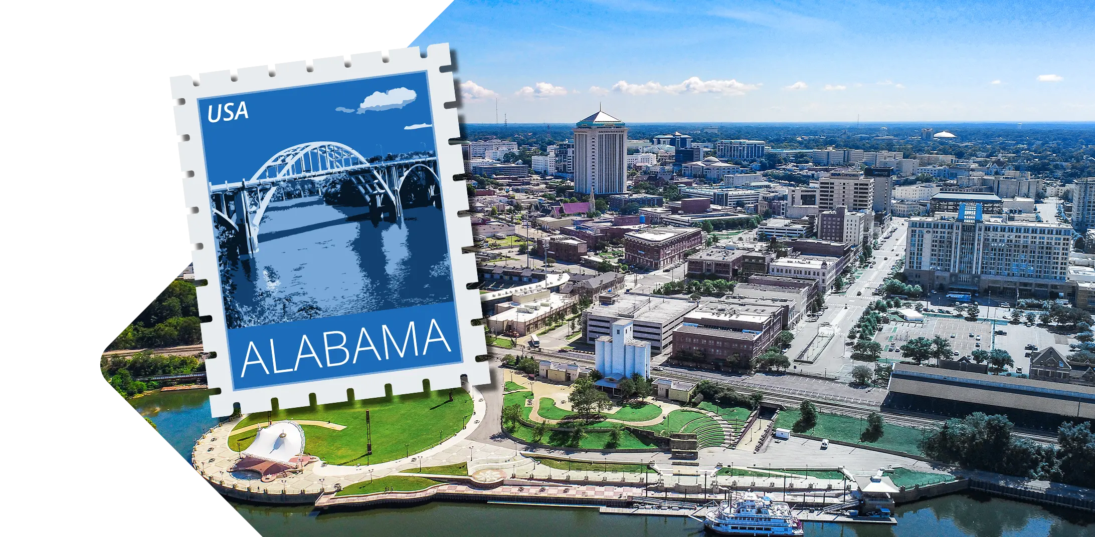 Alabama skyline with stamp