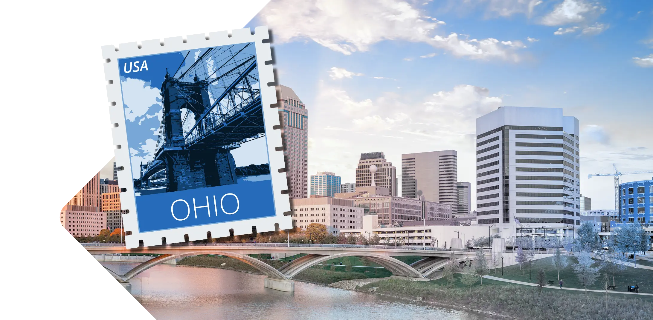 Ohio skyline with stamp