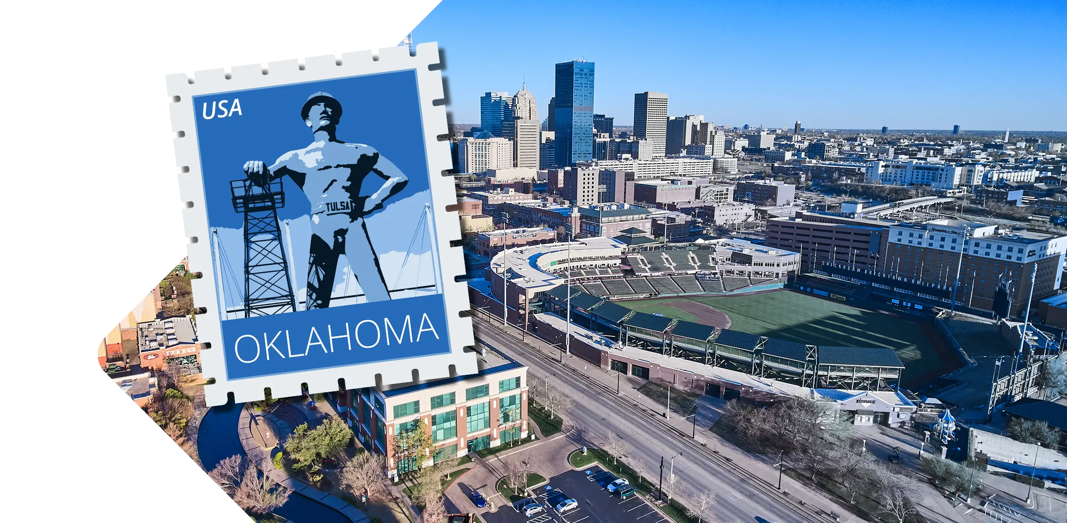 Oklahoma skyline with stamp